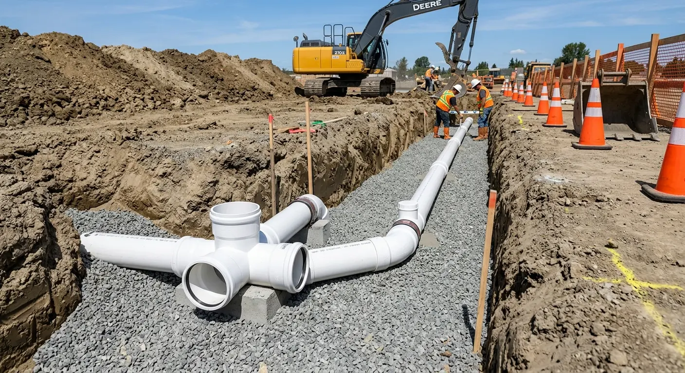 New PVC sewer pipe installation in open trench for Sewer Backup in Spring Valley