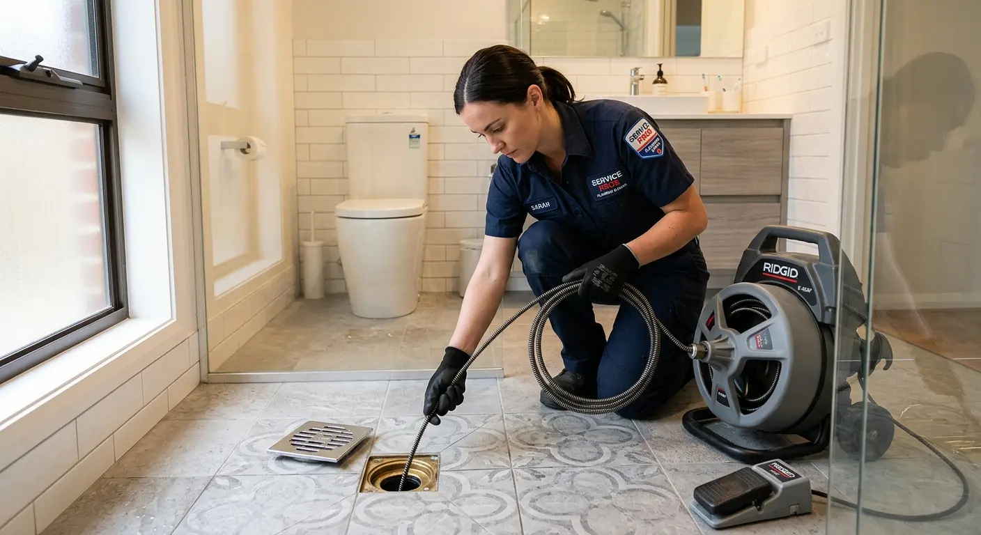 Technician clearing a bathroom floor drain for Sewer Line Replacement in Spring Valley